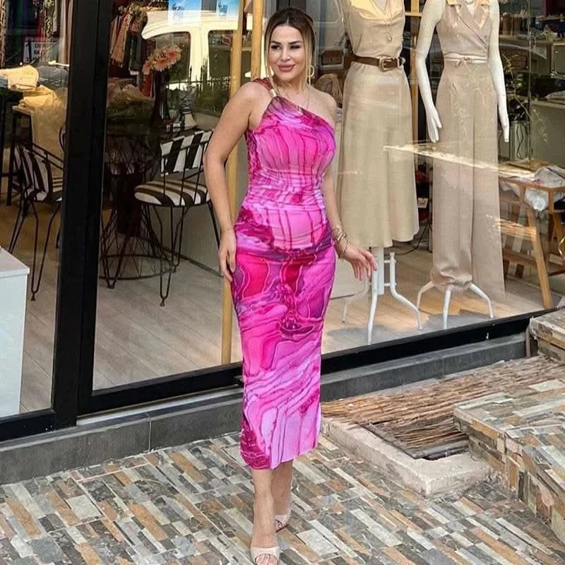 CUTENOVA Sexy Slash Collar Gradient Print Long Dress Summer Chic One-Shoulder Backless Party Dresses Sleeveless Hollow Slim Fit - M & M Global