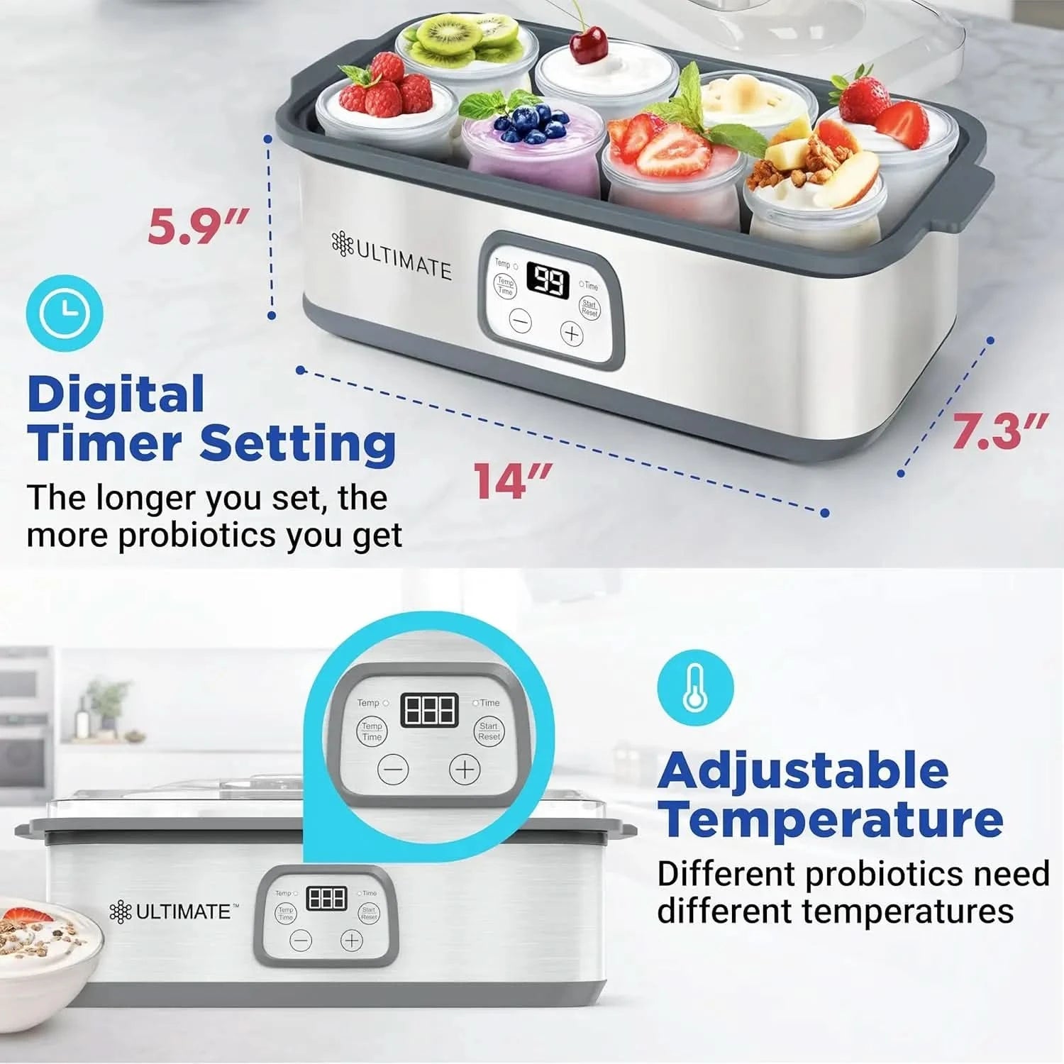 Probiotic Yogurt Maker with Adjustable Temperature & Time Control - Make Trillions of Live Probiotics & Get Better Gut Health - - M & M Global