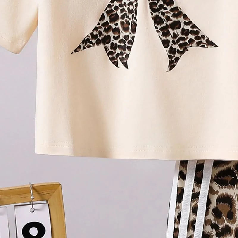 Children Clothing Sets Beige Bow Printed T-shirt & Striped Leopard Pants Trendy Girls Outfit Summer Clothing Sets 8-12 Kids Suit - M & M Global