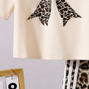 Children Clothing Sets Beige Bow Printed T-shirt & Striped Leopard Pants Trendy Girls Outfit Summer Clothing Sets 8-12 Kids Suit - M & M Global