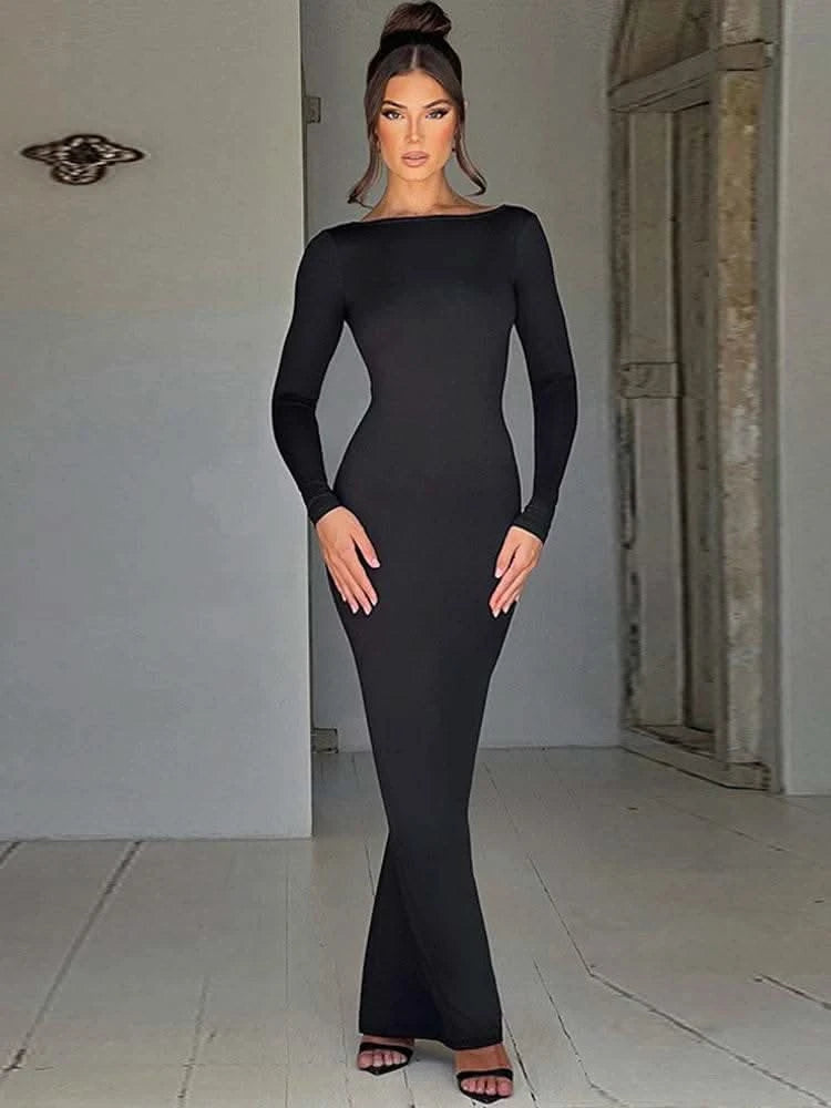 Dulzura O-Neck Long Sleeves Ruched Backless Maxi Dress Solid Sexy Elegant Long Dress Women’S Party Prom Clubwear Autumn Winter - M & M Global