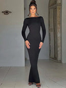 Dulzura O-Neck Long Sleeves Ruched Backless Maxi Dress Solid Sexy Elegant Long Dress Women’S Party Prom Clubwear Autumn Winter - M & M Global