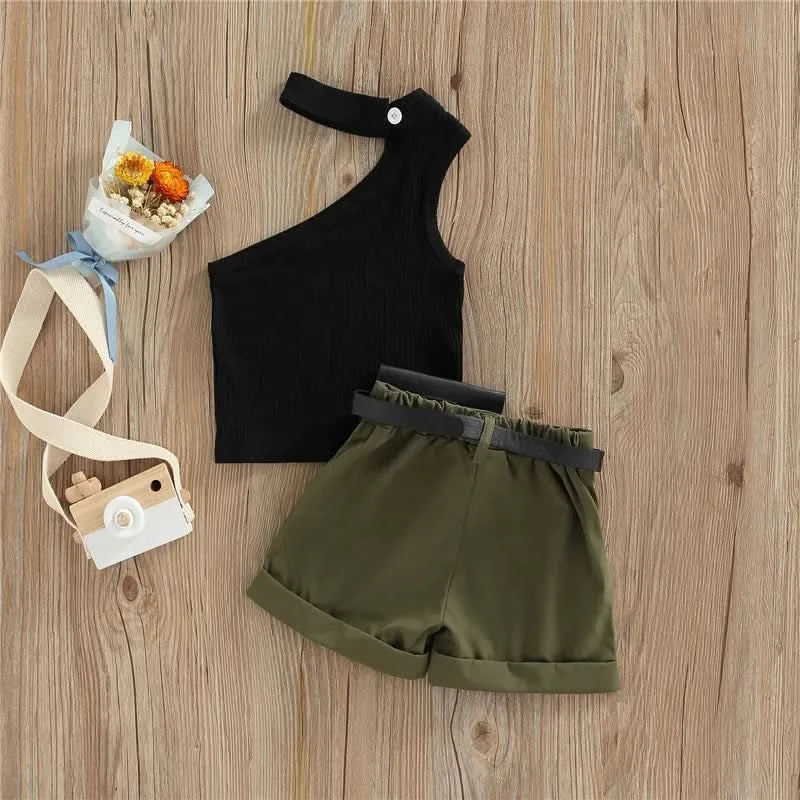 1-5 Years Infant Girl Casual Set Tanks Tops + Shorts + Waist Bag Pockets Decoration Casual Style Girls Summer Clothing Set - M & M Global