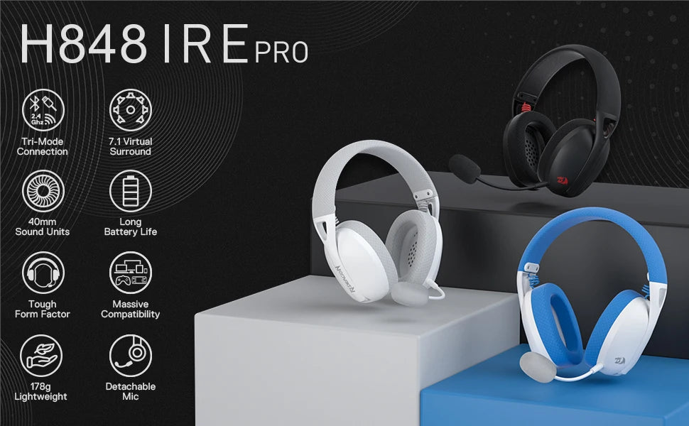 Redragon H848 Headset Bluetooth Wireless Gaming Lightweight 7.1 Surround Sound 40MM Drivers Detachable Microphone Multi Platform