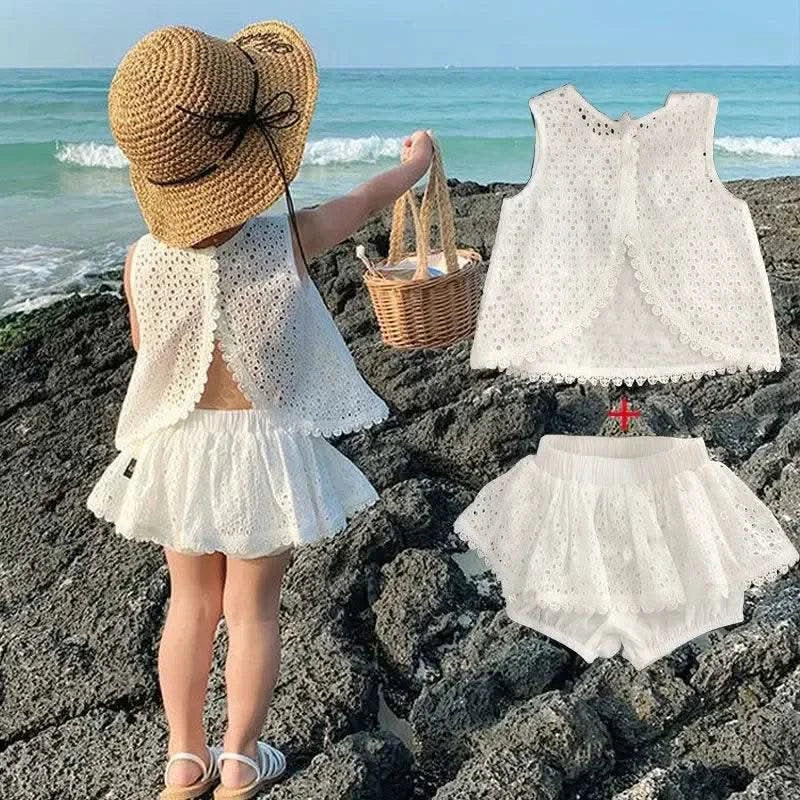 2PCS Kids Sets Summer Girl Clothes Children Hollow Lace Sleeveless Tops Shorts Set Fashion Baby Girl Cardigan Fake Two Suit - M & M Global