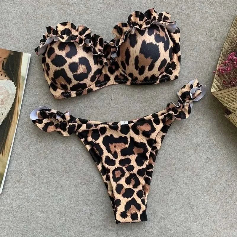 2025 New Summer Swimwear Bikini Set Sexy Leopard Strapless Bikini 2 Piece Set Women Split Swimsuit High Waist Beach Style Bikini - M & M Global