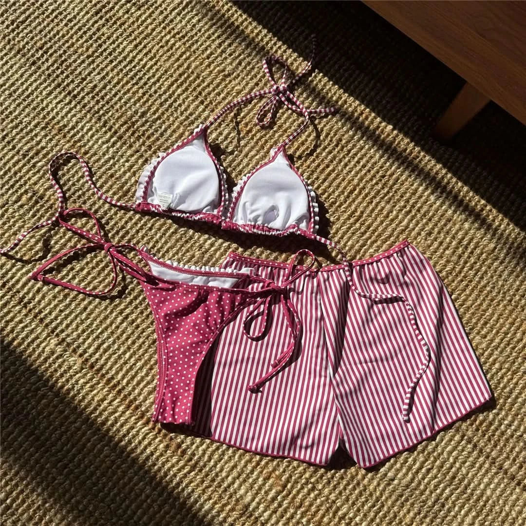 New Striped Polka Dot Halter Shorts Bikini Female Swimsuit Women Swimwear Three-pieces Bikini set Bather Bathing Suit Swim V6384 - M & M Global