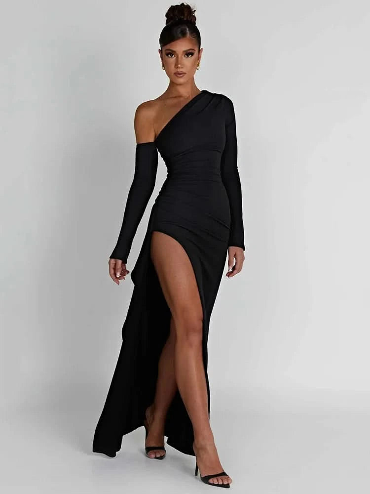 Mozision Oblique Shoulder Thigh High Split Maxi Dress Women Long Sleeve Backless Bodycon Sexy Club Party Long Dress Vestidos - M & M Global