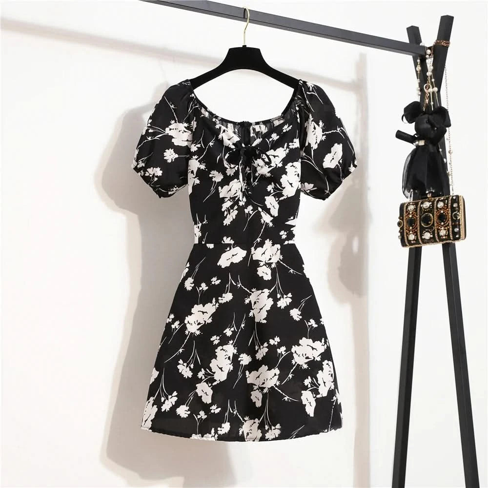 Women Mini Dresses Summer Fashion Female Vestidos Print Floral Chiffon Dresses Shirring Pleated Short Puffy Sleeve Casual Dress - M & M Global