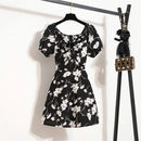 Women Mini Dresses Summer Fashion Female Vestidos Print Floral Chiffon Dresses Shirring Pleated Short Puffy Sleeve Casual Dress - M & M Global