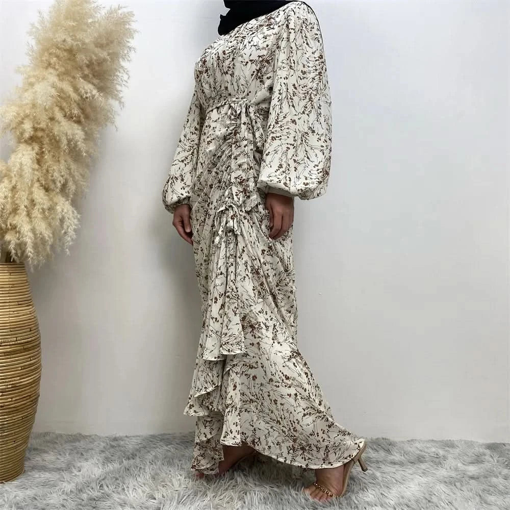 Muslim Women's dress Casual print bark crepe long dress Zipper collar long sleeves loose Muslim maxi dress - M & M Global