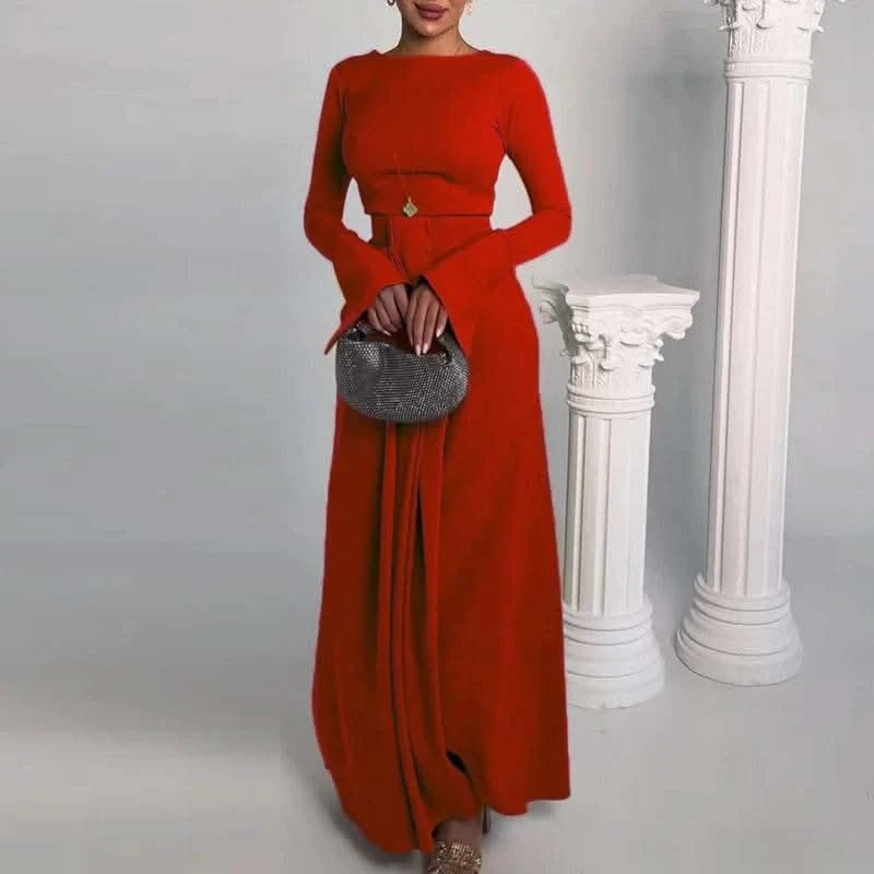 2024 Casual Solid Prom Dress Elegant O Neck High Waist Pleated Commuter Dress New Autumn Fashion Flared Sleeve Split Long Dress - M & M Global