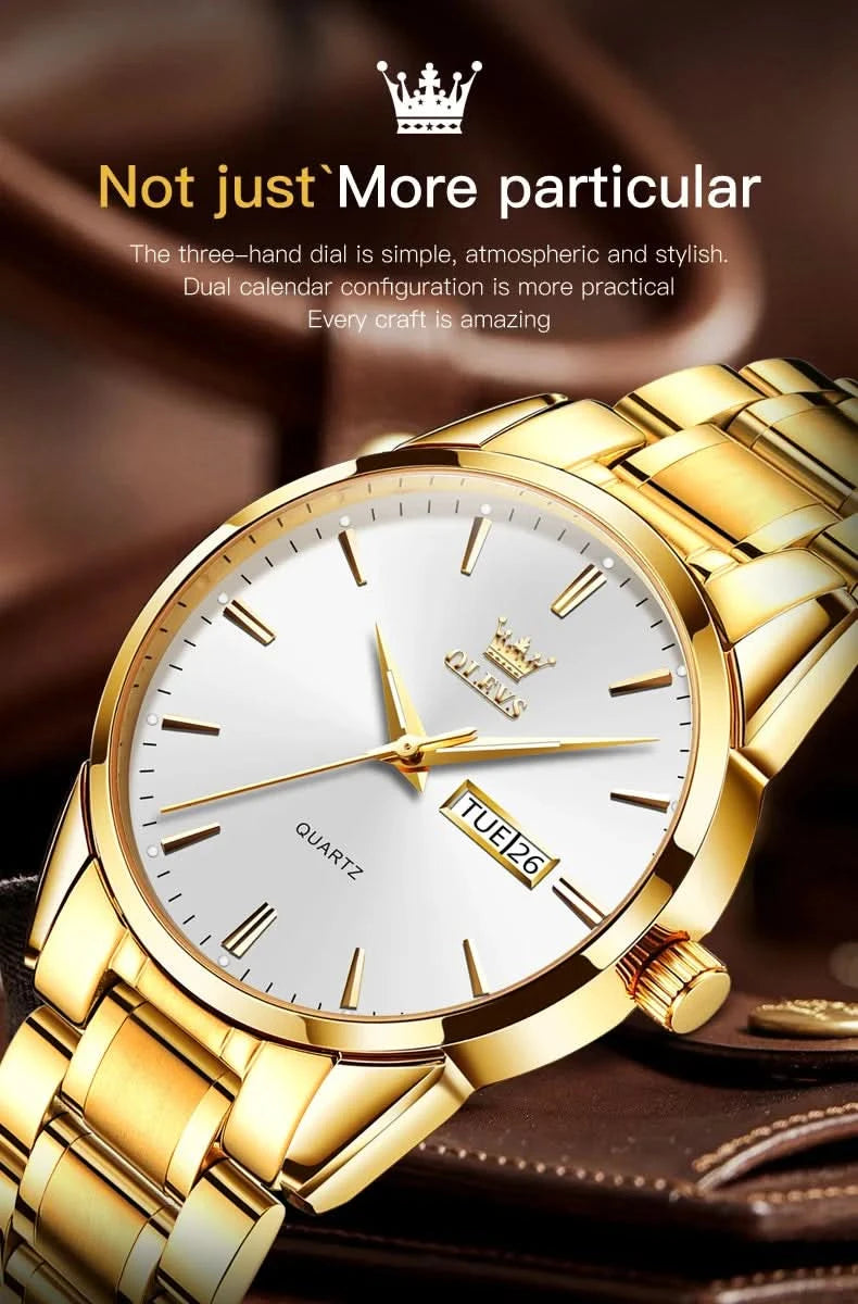 OLEVS Men Watches Waterproof Stainless Steel Quartz Male Wristwatch Gold Watch Fashion Luminous Luxury Calendar Business Clock - M & M Global