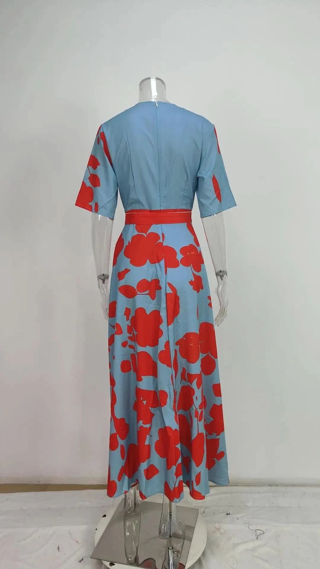 Spring Summer Women Fashion V Neck Belted Party Long Dress Sexy Printing  Boho Maxi Dresses Short Sleeve Pocket Femlae Holiday - M & M Global