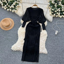 Vintage O-Neck Elegant Long Lantern Sleeve Chic Tassel Slim Long Dress French Fashion Evening High Street Autumn Winter Clothing - M & M Global