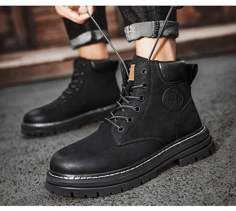 Boots Men High Top Boots High Quality Women Leather Shoes Fashion Outdoor Sneakers Men Lace Up Non-Slip Ankle Boots for Couple - M & M Global