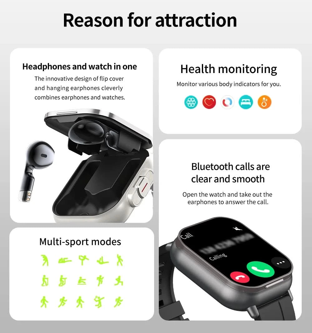 D8 2-In-1 Smartwatch with Headphone 2" Bt Call NFC Sleep Monitor Smart Watch Earbuds Compatible With iPhone Android 2025 - M & M Global