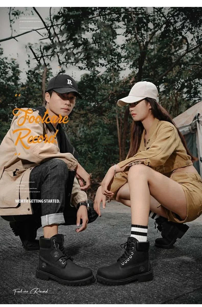 Boots Men High Top Boots High Quality Women Leather Shoes Fashion Outdoor Sneakers Men Lace Up Non-Slip Ankle Boots for Couple - M & M Global