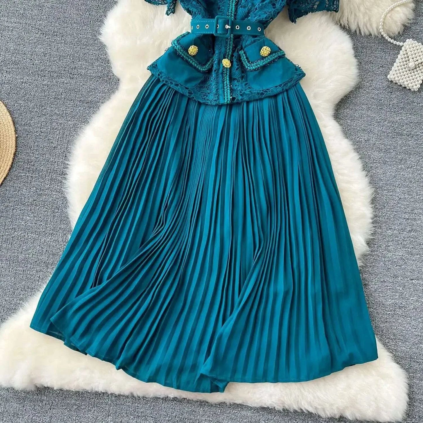 Designer 2025 Summer Pleated Chiffon Lace Long Dress Women Flower Embroidery Gold Button Belt Evening Party Dresses Wedding Robe - M & M Global