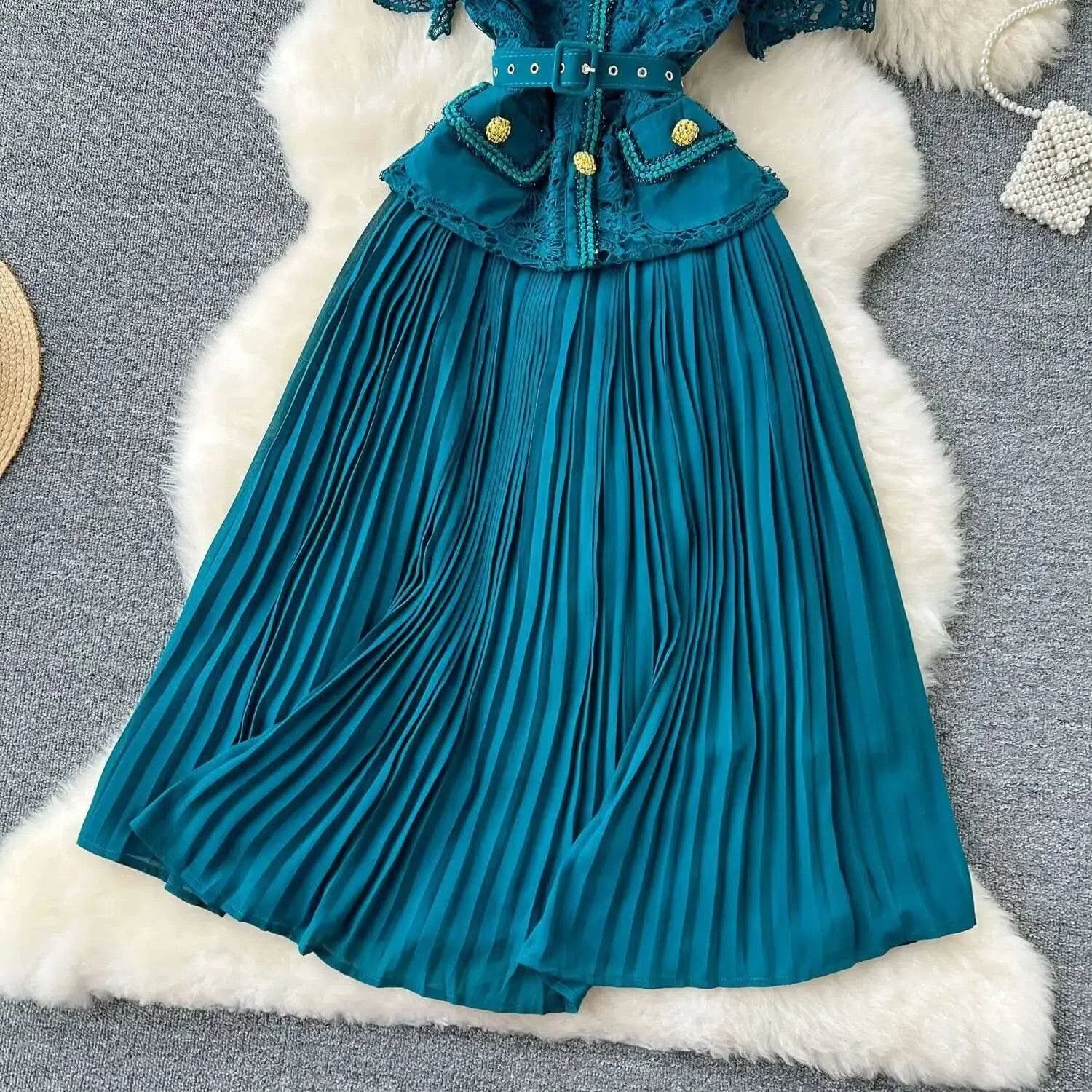 Designer 2025 Summer Pleated Chiffon Lace Long Dress Women Flower Embroidery Gold Button Belt Evening Party Dresses Wedding Robe - M & M Global