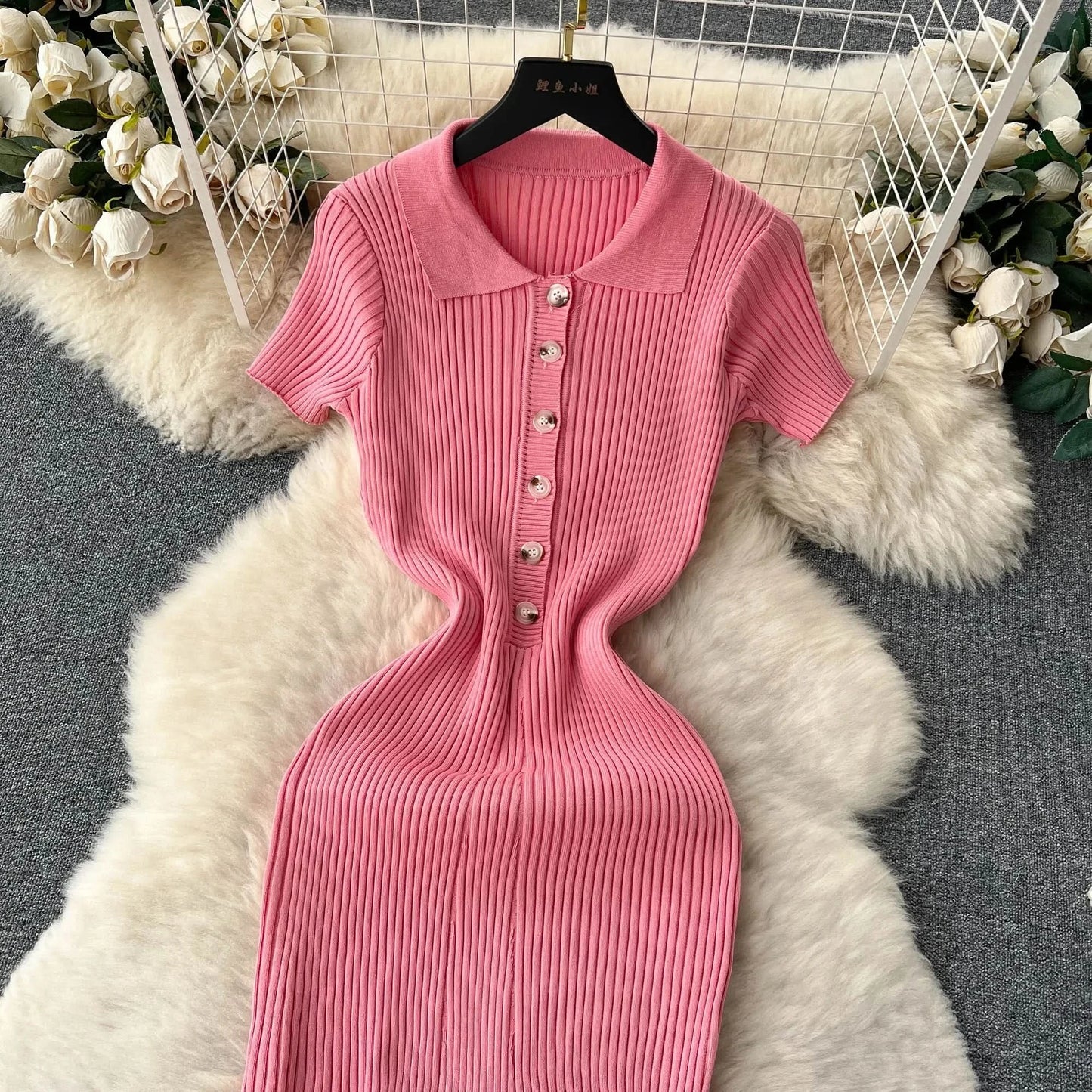 Summer Elastic Women Solid Knit Dress Summer Rose Red Retro Loose Sundress Sets 2024 bodycon Streetwear Sheer Beach Long Dress - M & M Global