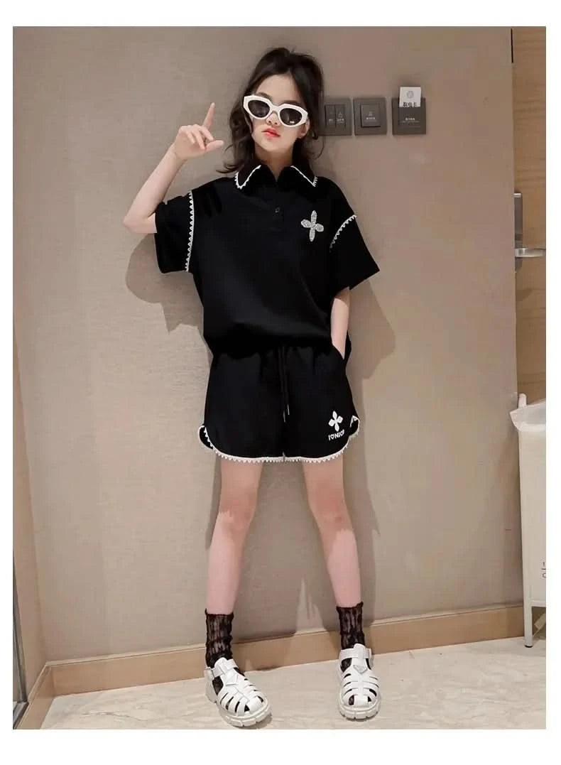Girls Summer Polo Shirt Set Ruffle Collar T-Shirt Shorts Two-Piece Korean Style Mid-Big Children Fashionable Clothing - M & M Global