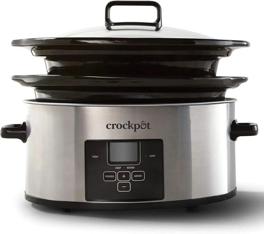 6 Quart and Split 2.5 Quart Double Slow Cooker and Food Warmer, Programmable Slow Cooker with Timer, Stainless Steel - M & M Global