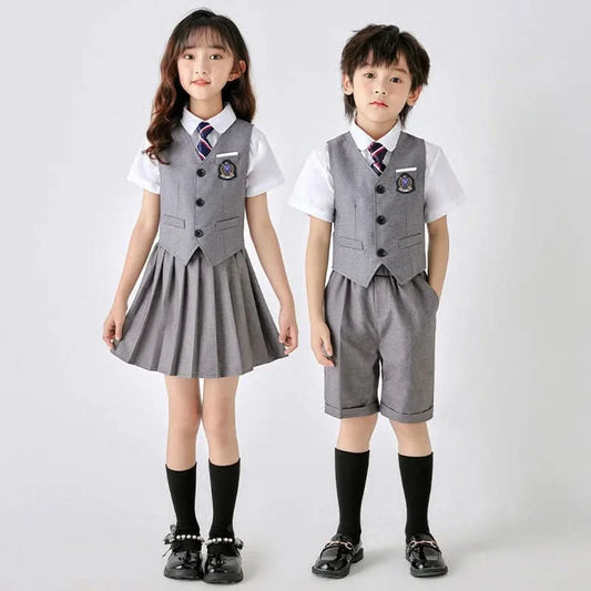 6PCS Summer Kids Weddding Suit Outfit Set Formal Elegant Suit for Kid Boy Kids Shirt Vest Shorts Socks Tie Sticker Clothing Suit - M & M Global