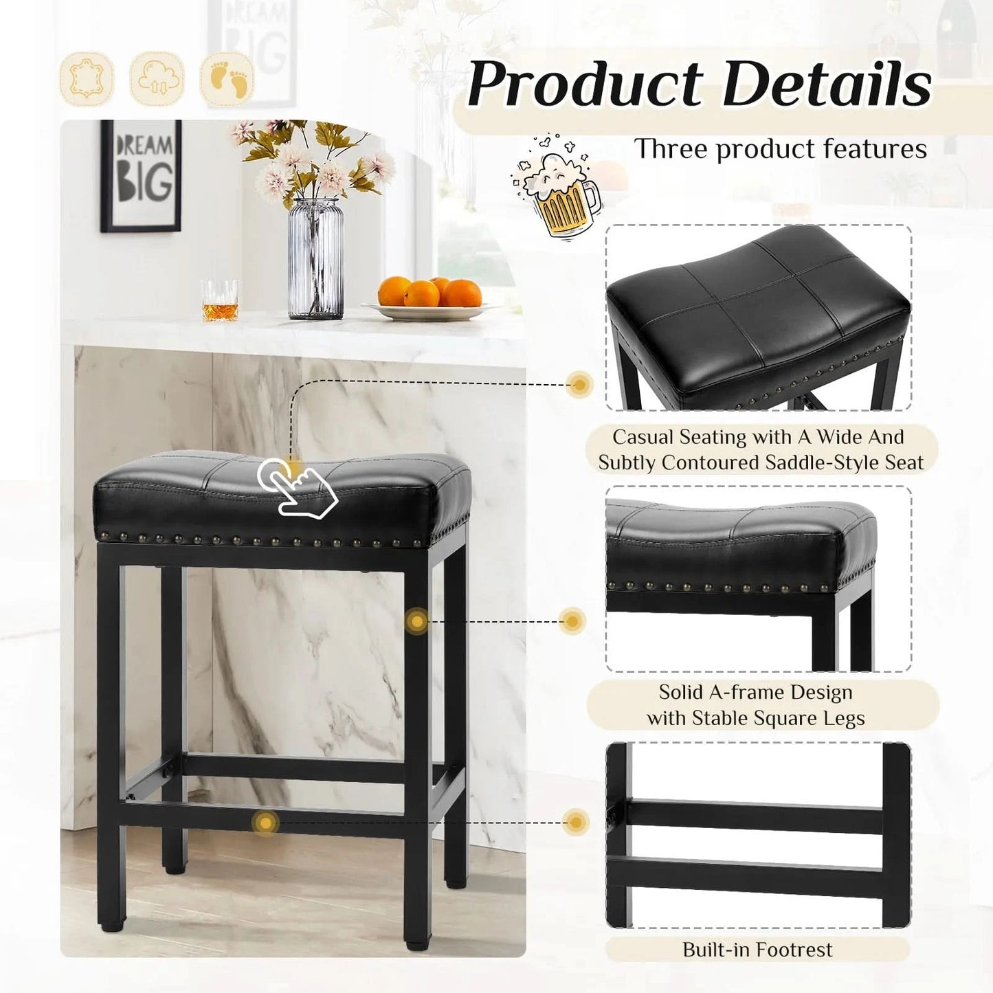 JHK Bar Stools Saddle-Style Pu Leather Upholstered Chair Counter Height Bar Stools with Metal Base Saddle Stools For Kitchen