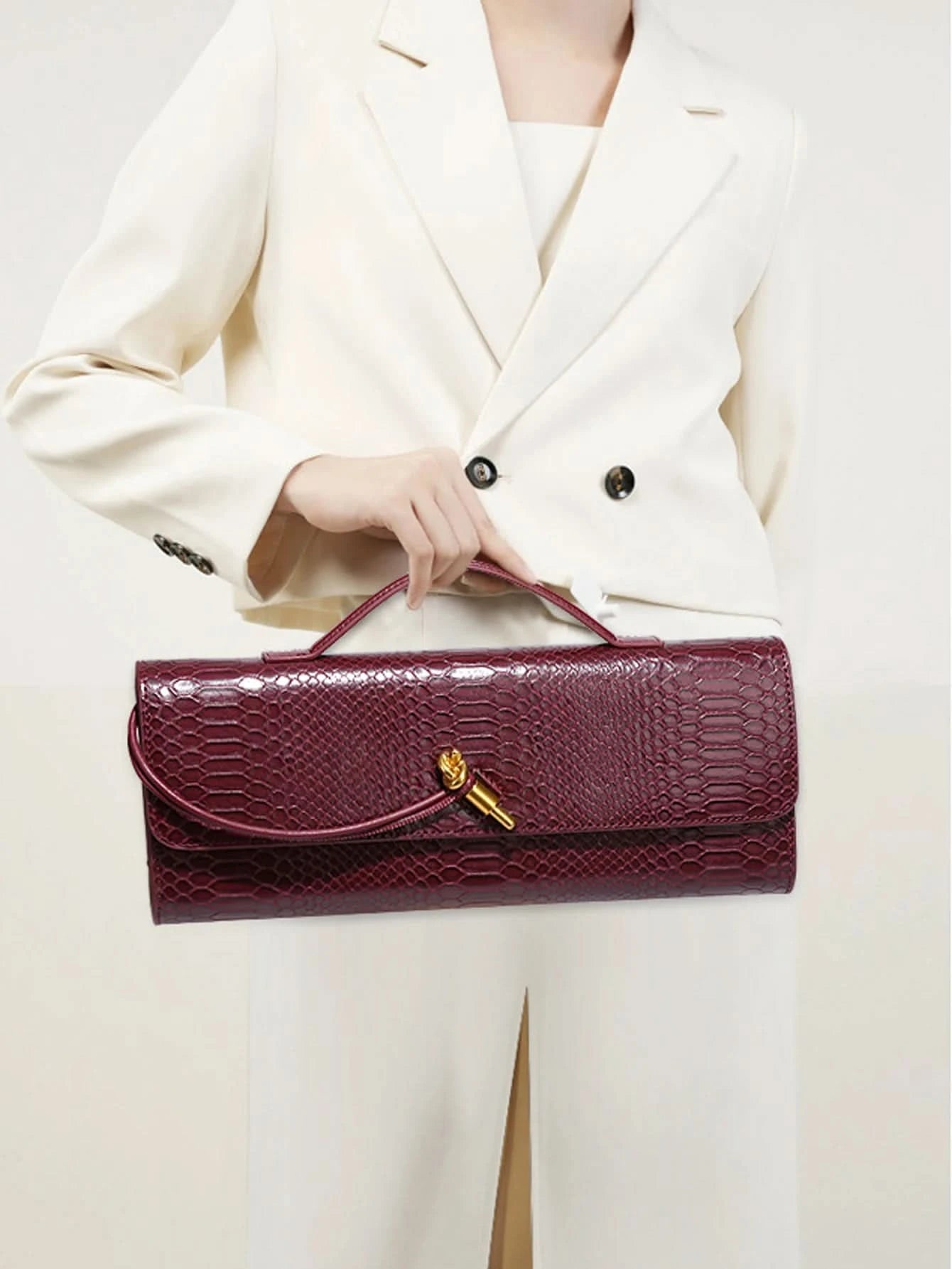 Burgundy bag cherry red envelope wine red envelope upscale new handbag European and American fashion crocodile flip hand organ b - M & M Global