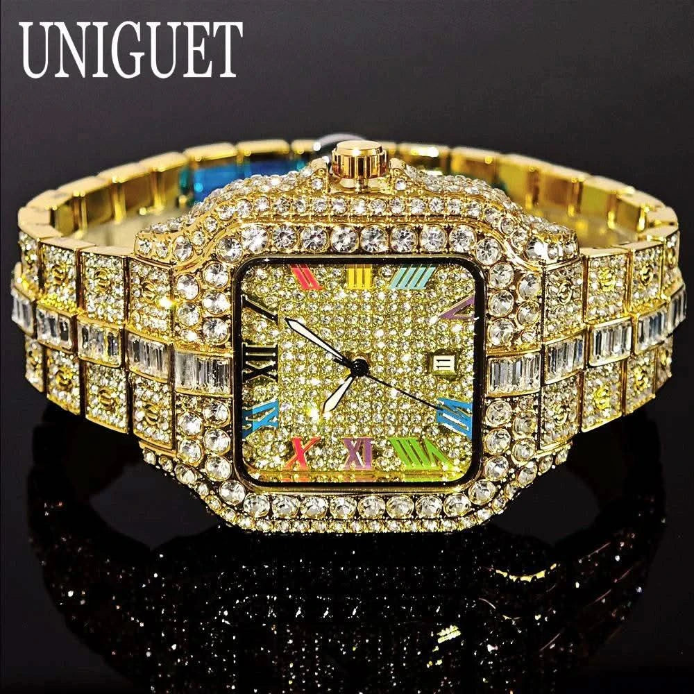 2025 UNIGUET Luxury Diamond Watch For Men With Rainbow Dial Calendar Quartz Watches Fashion Hip Hop Iced Out Wristwatch Man Gift - M & M Global