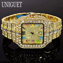 2025 UNIGUET Luxury Diamond Watch For Men With Rainbow Dial Calendar Quartz Watches Fashion Hip Hop Iced Out Wristwatch Man Gift - M & M Global