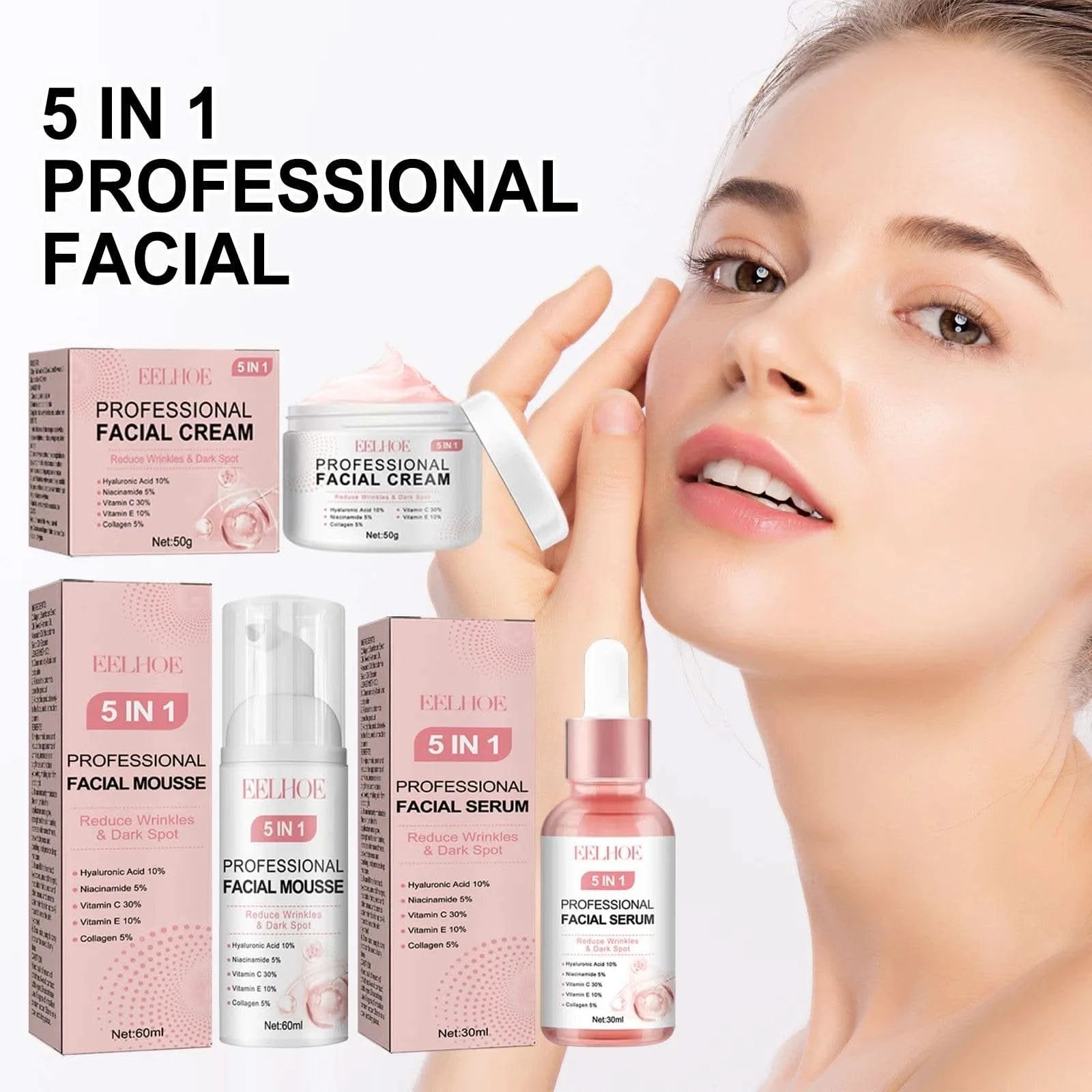 EELHOE 5 in 1 Face Serum for Glowing Skin Firming Micro Face Cream Anti Wrinkle Shrink Pores Cleansing Mousse Facial Skin Care - M & M Global