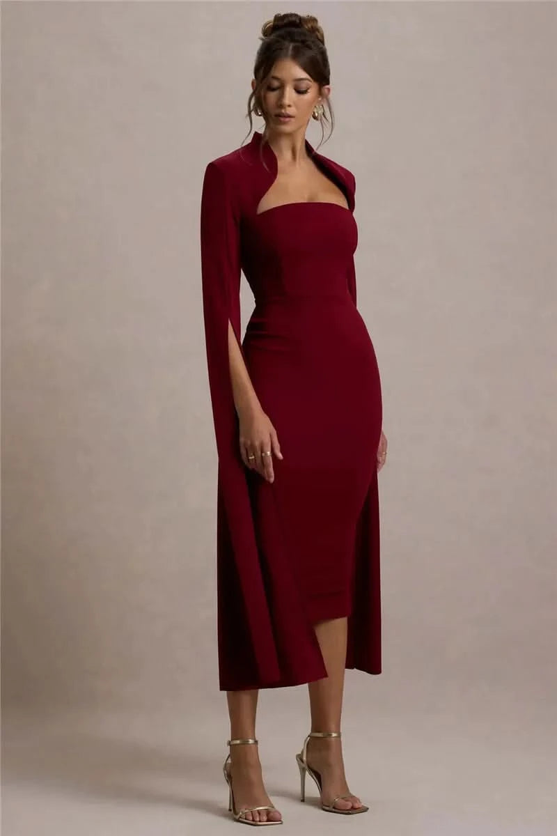 Mozision Cape Long Sleeve Sexy Midi Dress For Women Autumn Winter New Square Collar Back Slit Bodycon Club Party Long Dress - M & M Global