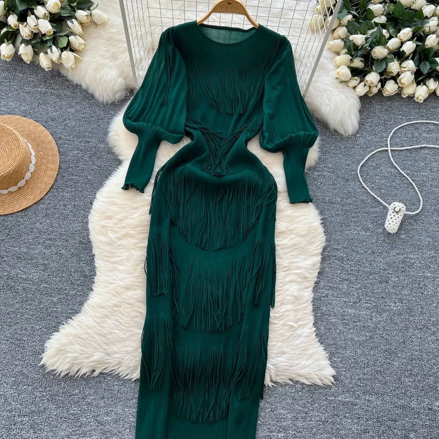 Vintage O-Neck Elegant Long Lantern Sleeve Chic Tassel Slim Long Dress French Fashion Evening High Street Autumn Winter Clothing - M & M Global