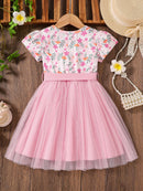 Girls' Fashionable and Simple Summer Outfit, Little Girl's Floral All-Over Print Mesh Cinched Waist Mid-Length Dress, Girls' Everyday Versatile Stylish Sweet and Energetic Children's Clothing, Young Girl's Outdoor Travel Eleg