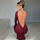 Dulzura O-Neck Long Sleeves Ruched Backless Maxi Dress Solid Sexy Elegant Long Dress Women’S Party Prom Clubwear Autumn Winter - M & M Global