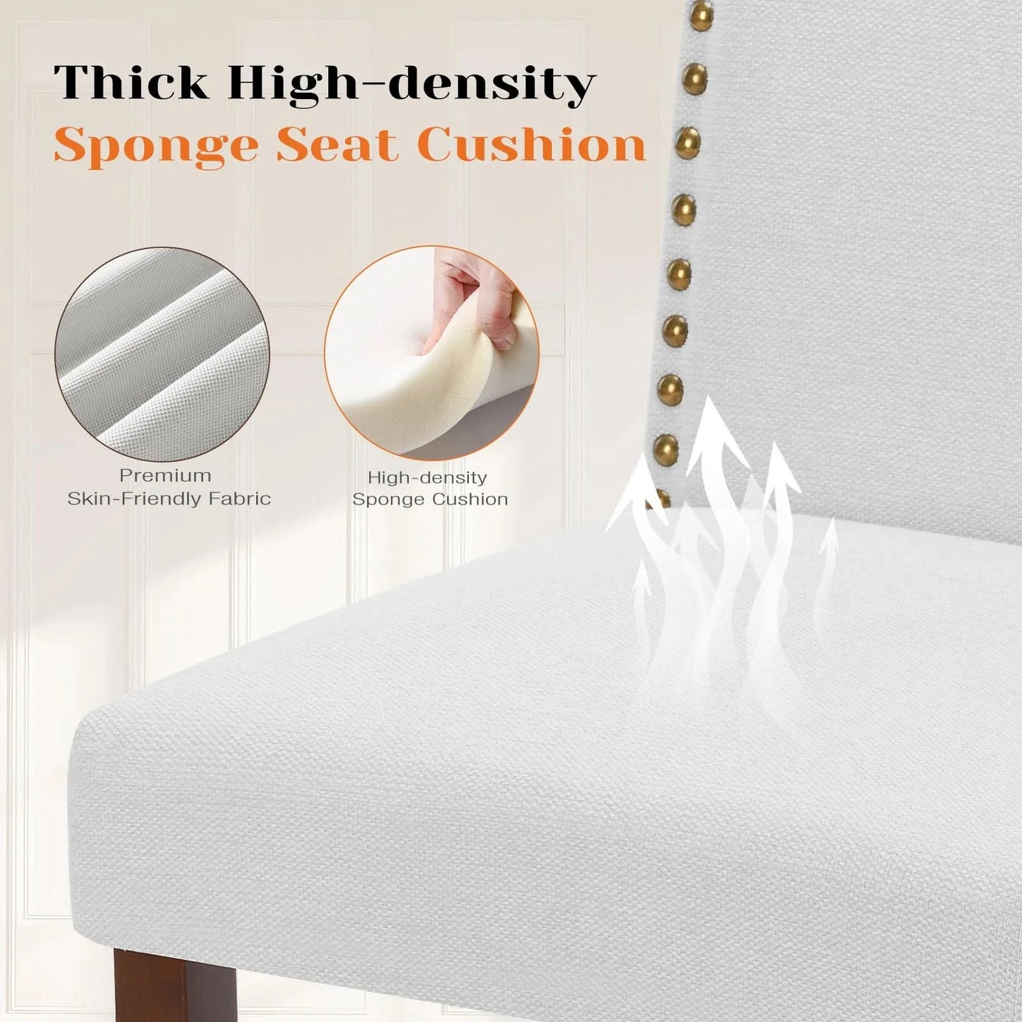 JHK Dining Chairs Padded Backrest Set Of 2 Thickened Sponge Cushion  Upholstered Fabric Kitchen Chairs With Nailhead Trim Home