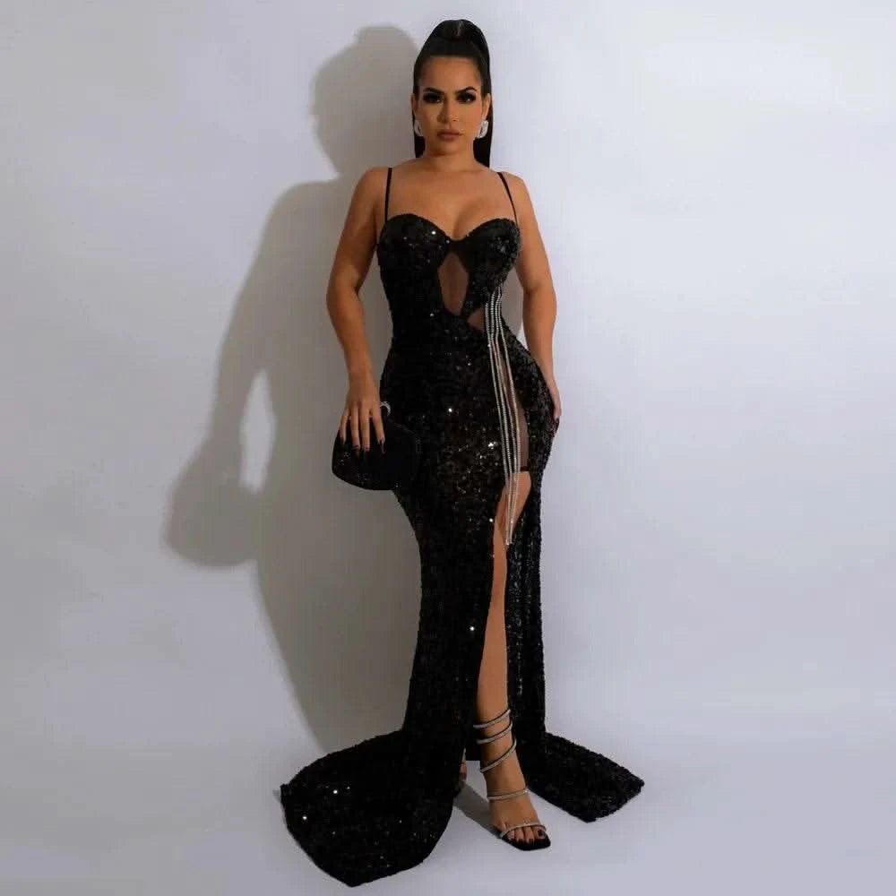 CM.YAYA Women Sequined Tassel Front Spaghetti Strap Sleeveless High Side Slit Maxi Long Dress 2023 Evening Sexy Party Dresses - M & M Global
