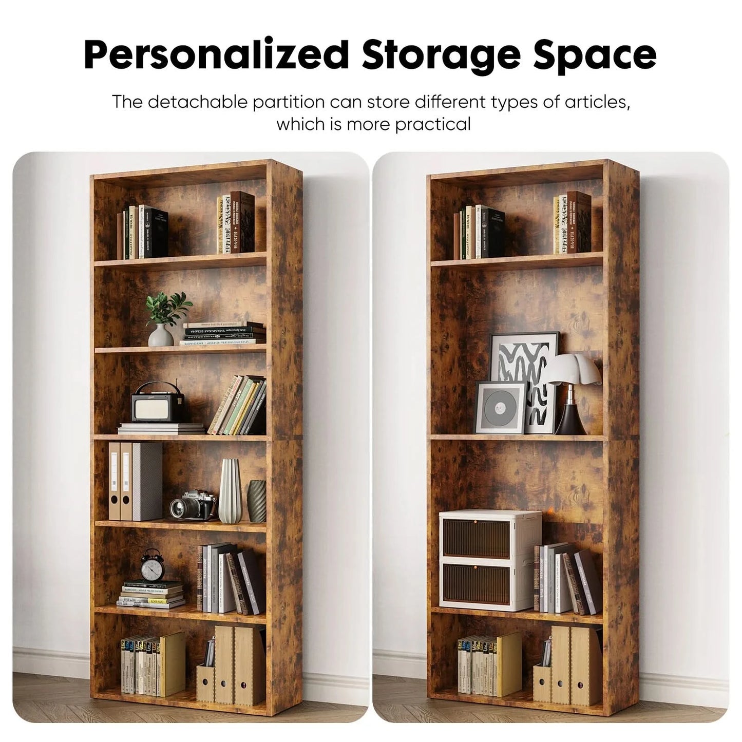 JHK 6 Tier Wooden Shelf Bookcase 63 Inch Tall Floor Standing Open Bookshelf for Living Room and Home Office Personalized Storage