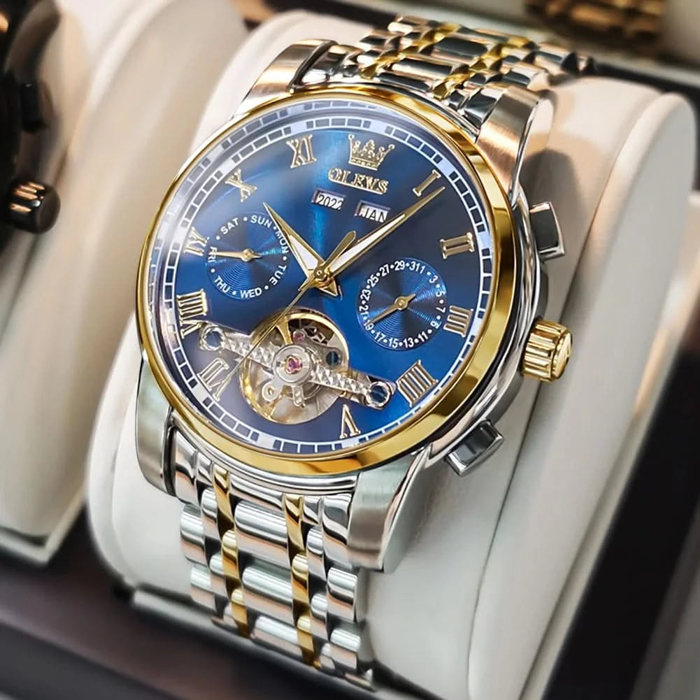 OLEVS Men's Watches Automatic Mechanical Business Wristwatch Waterproof Stainless Steel Strap Watch for Man Skeleton Calendar - M & M Global