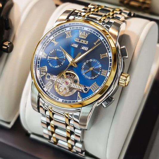 OLEVS Men's Watches Automatic Mechanical Business Wristwatch Waterproof Stainless Steel Strap Watch for Man Skeleton Calendar - M & M Global
