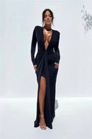 Mozision Deep V Neck Long Sleeve Split Maxi Dress Women Elegant Clubwear 2023 Autumn New Bodycon Ruched Sexy Long Dress - M & M Global