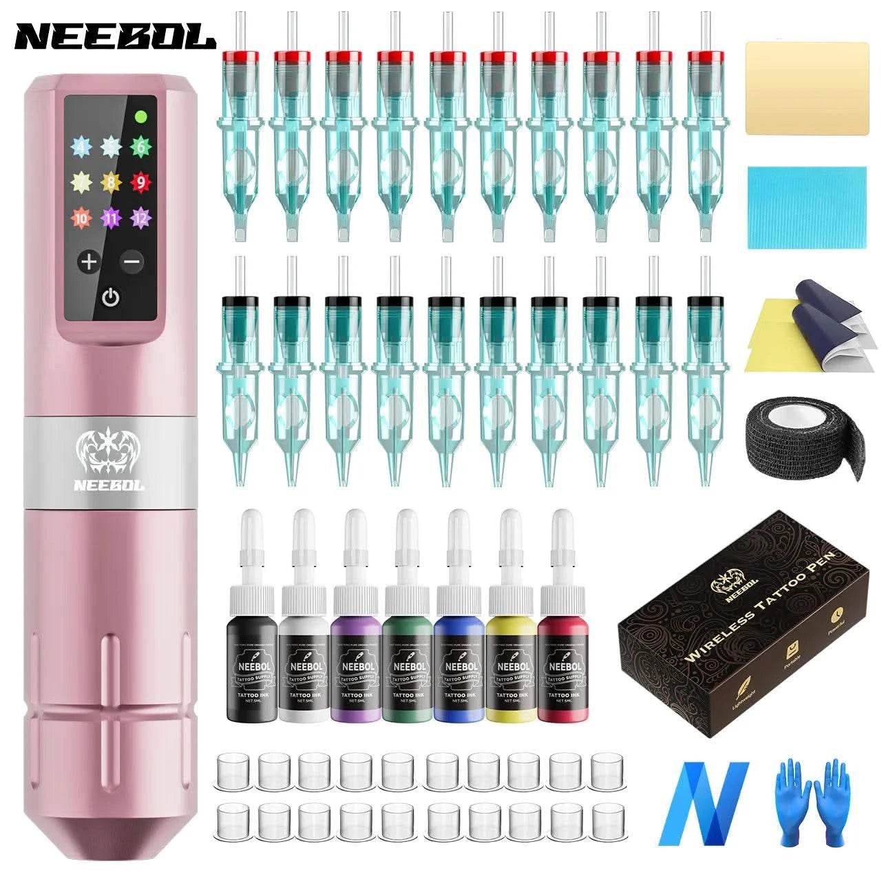 1pc/set Complete Tattoo Machine Kit Wireless, 20 Cartridge Needles, 7 Inks, Tattoo Pen Set,Permanent Makeup Tool for Tattoo Art - M & M Global
