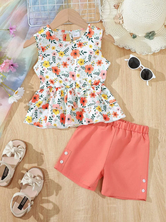 2PCS Children Girls Little Fresh Clothing Set Floral Sleeveless Top + Shorts Sweet Lovely Fashion Costume for Kid Girl 4-7 Years - M & M Global