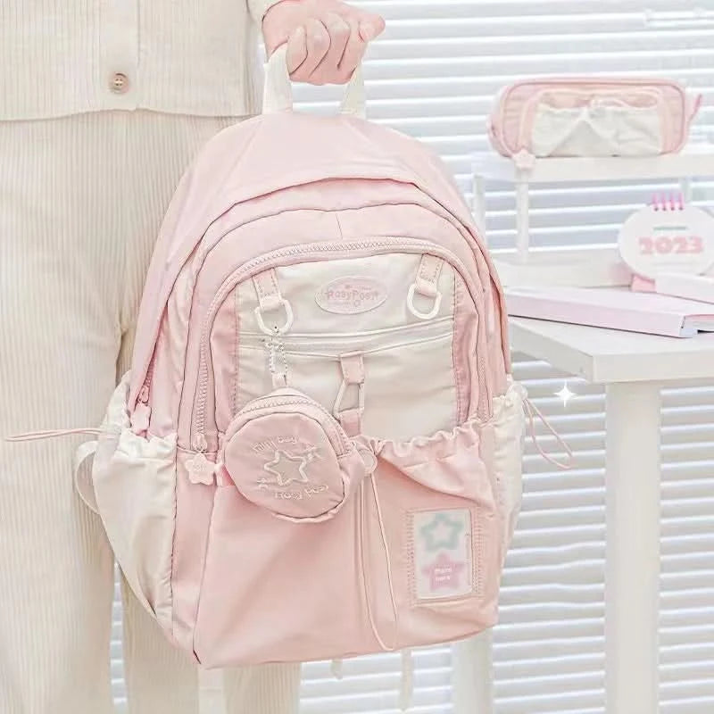Sweet Cute Girl's Backpack Student New Fashion Drawstring Large School Bag Y2K Korean Travel Female Shoulder Bag for High School - M & M Global