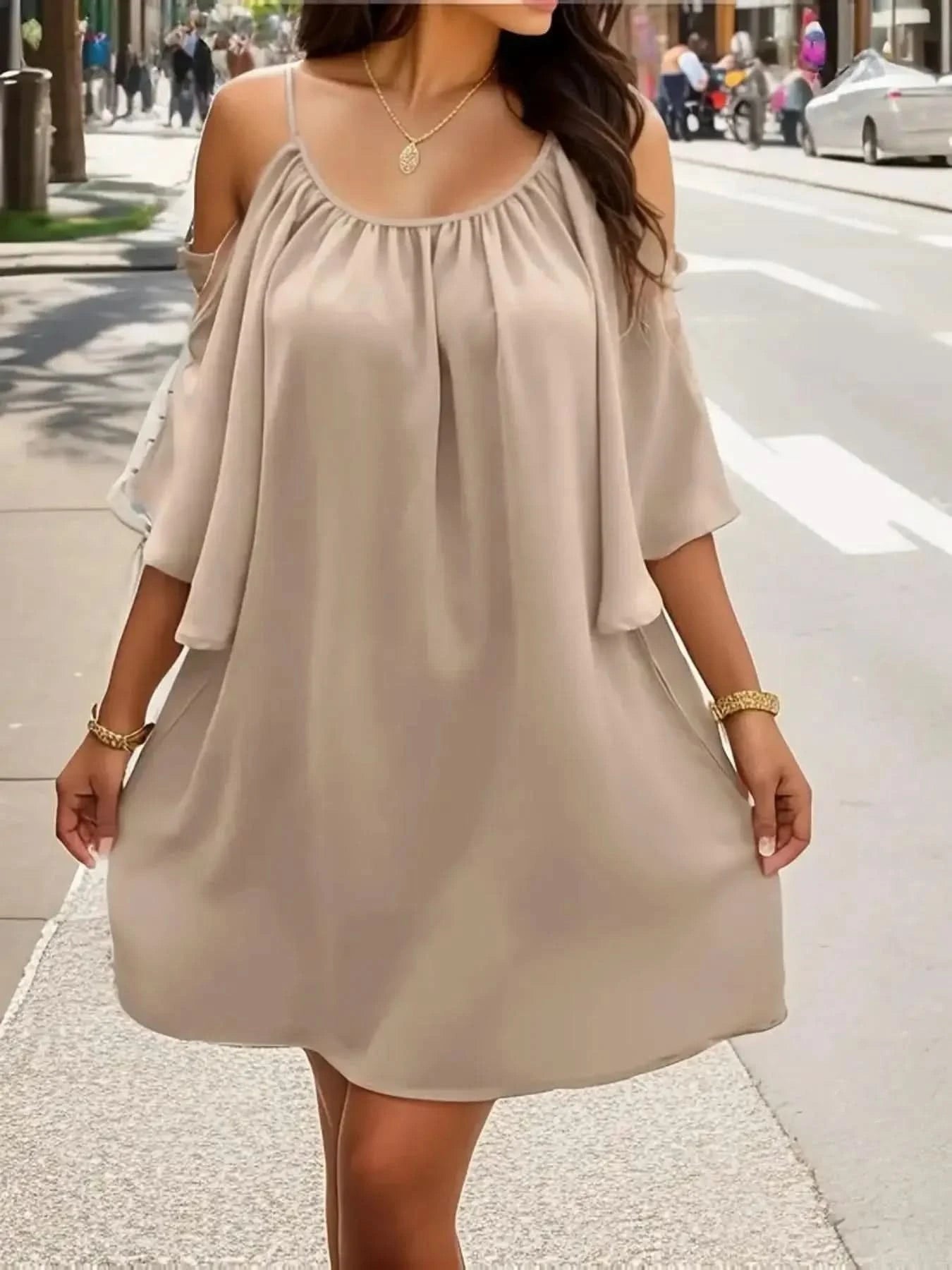 Plus Size 1XL-5XL Women Summer Casual Solid Color Dress Elegant Off Shoulder Dress Women Relaxed Fit Cute Dress - M & M Global