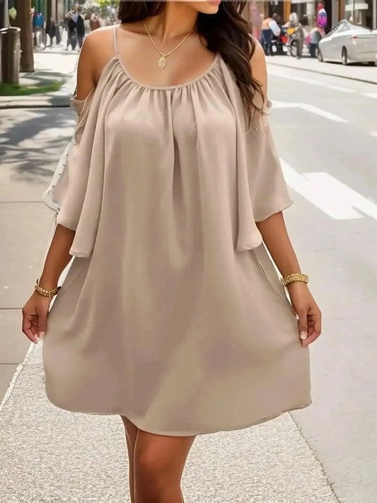 Plus Size 1XL-5XL Women Summer Casual Solid Color Dress Elegant Off Shoulder Dress Women Relaxed Fit Cute Dress - M & M Global