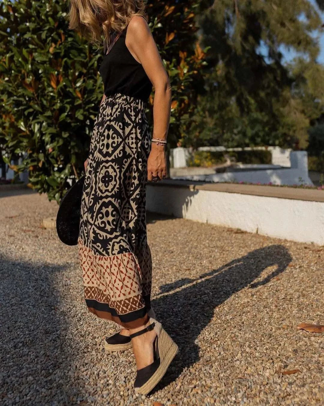 boho print maxi skirt women fashion high waist 3D printting long dress casual loose summer high waist skirts for women 2024 - M & M Global