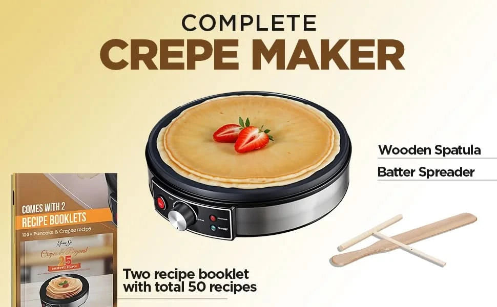 Electric Crepe Maker, Nonstick Multi-Function Tortilla Machine, Ideal for Crepes, Pancakes & Roti, Wooden Spatula & Batter Sprea - M & M Global